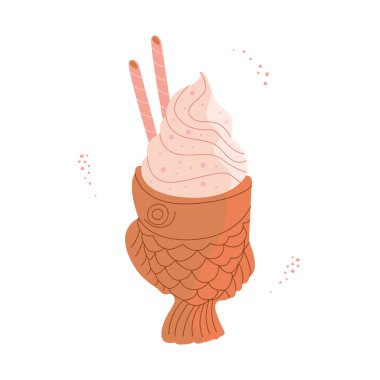 Taiyaki dondurmasının düz vektör çizimi. Sokak yemeği. Beyaz arkaplanda izole tasarım.