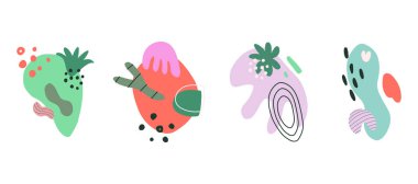 Soyut şekil ve nesnelerden oluşan düz bir vektör kümesi. Sosyal medya hikayeleri ve blog yazarları için modern, minimalist tasarım şablonları.