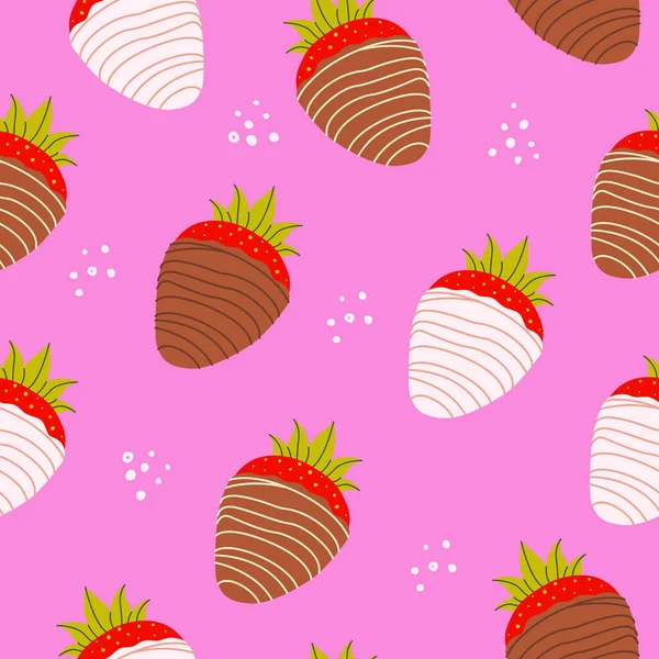 Flat Vector Cartoon Seamless Pattern Strawberries Covered Chocolate Chocolate Fondue — Stock Vector