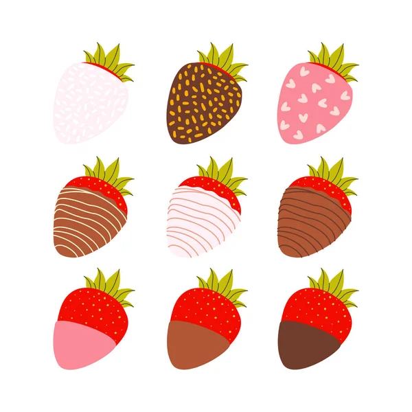 Flat Vector Cartoon Set Strawberries Covered Milk Dark Pink Chocolate Stock Illustration