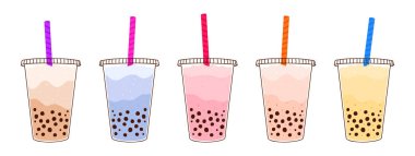 Plastik bardakta sütlü ve tapyokalı soğuk Tayvan çayı. Farklı tat ve aromalı bir içki. Beyaz arkaplanda izole tasarım.