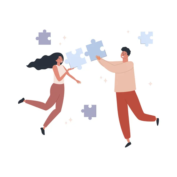 Flat Vector Illustration People Connecting Jigsaw Puzzles Concept Coworking Business —  Vetores de Stock