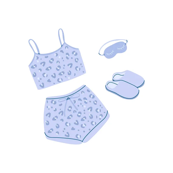 Flat Vector Cartoon Set Consisting Women Leopard Print Pajamas Sleep — Διανυσματικό Αρχείο