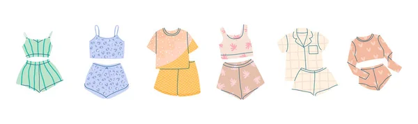 Flat Vector Cartoon Pajama Set Children Adults Shirts Shorts Sleeping — Stock Vector