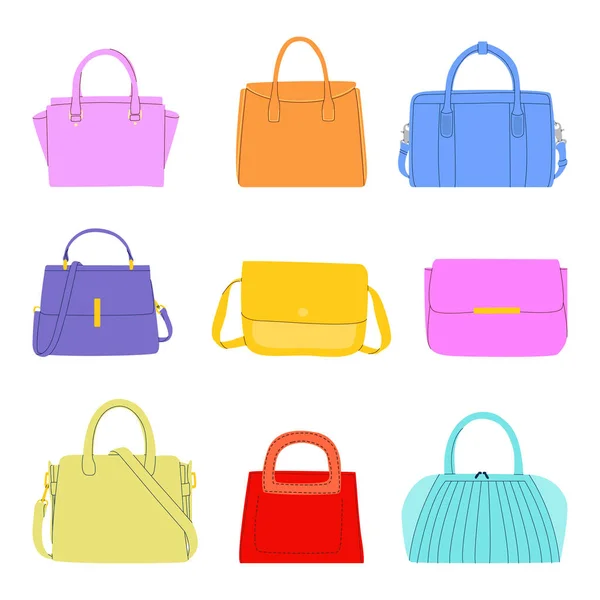 Flat Vector Cartoon Set Fashionable Modern Bags Various Shapes Sizes — Vector de stock