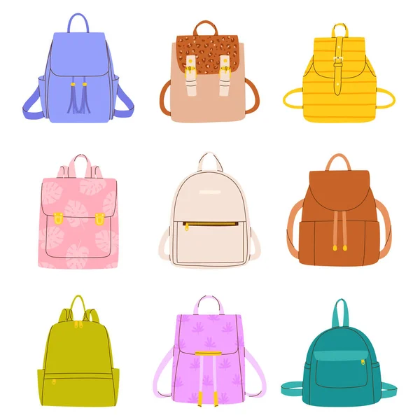 Large Flat Vector Set Backpacks Various Shapes Colors Studying Traveling — Διανυσματικό Αρχείο