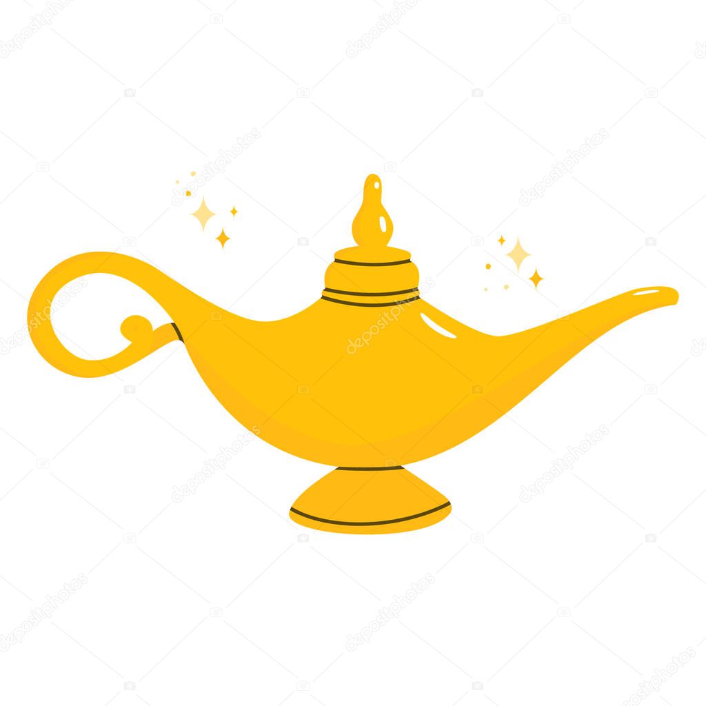 Flat vector cartoon illustration of a magic golden lamp. Isolated design on a white background.