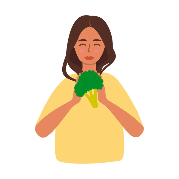 Flat Vector Illustration Young Woman Holding Broccoli Her Hands Concept — Vettoriale Stock