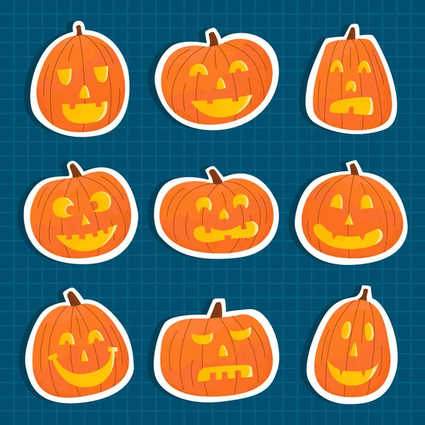 Flat Vector Cartoon Pompoen Set Voor Halloween Met Grappige Gezichten — Stockvector