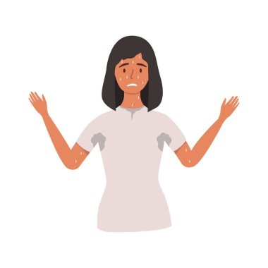 Terleyen bir kadının düz vektör çizimi. Aşırı terleme. Beyaz arkaplanda izole tasarım.