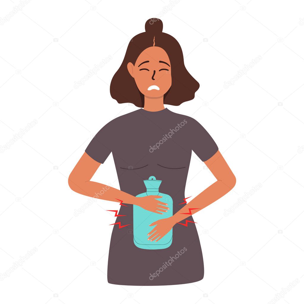 A flat vector cartoon illustration of an unhappy woman who relieves pain in the abdominal area with a rubber heating pad.