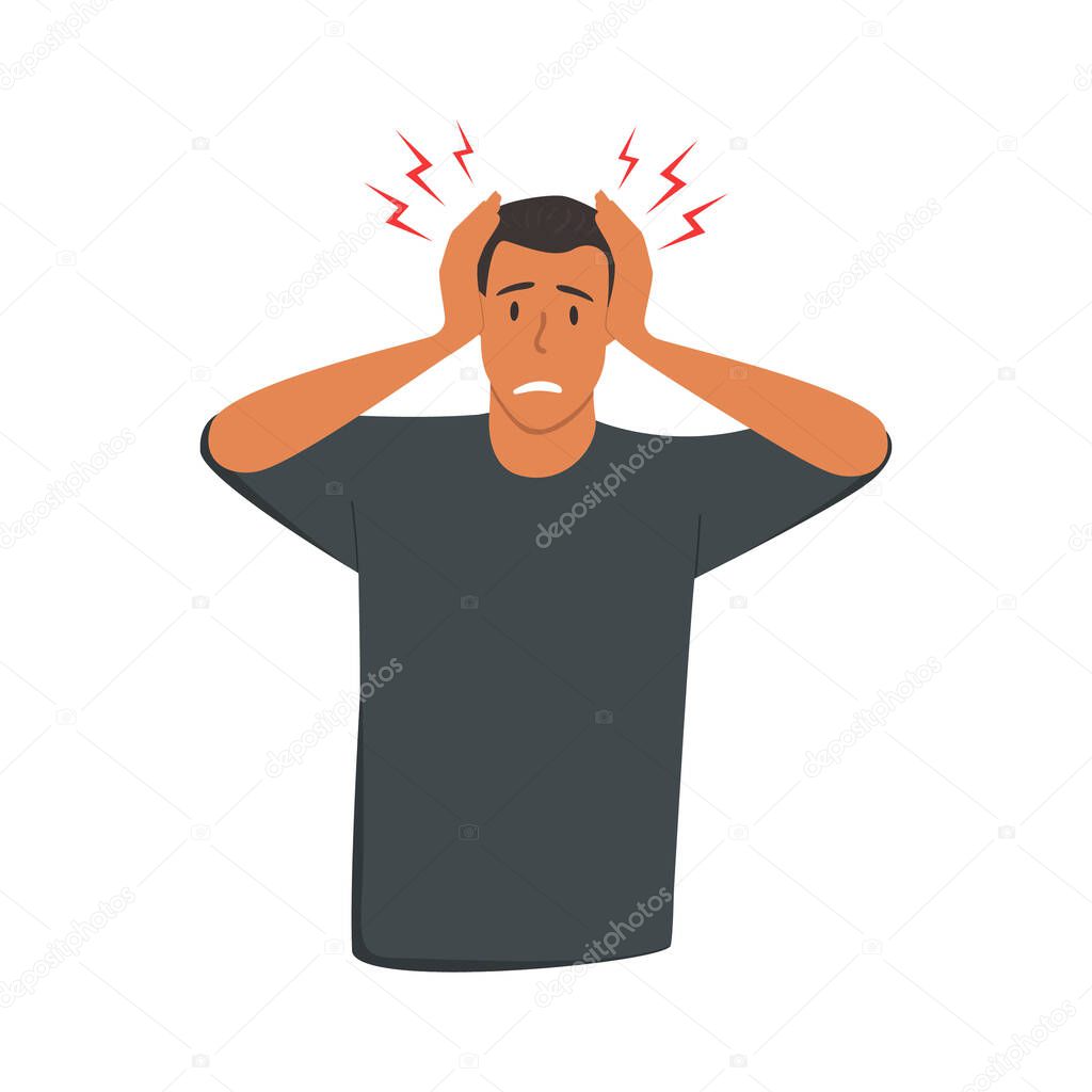 A flat vector illustration of a man with his head in his hands due to pain or stress. Isolated design on a white background.