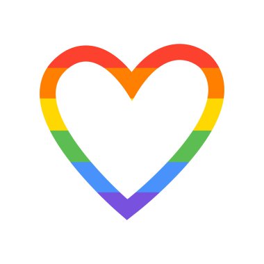 LGBT topluluğunun bir sembolü olan gökkuşağı kalbinin düz vektör çizimi. Hoşgörü ve dayanışmanın sembolü. Beyaz arkaplanda izole tasarım.