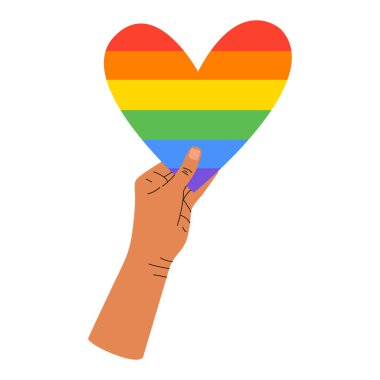 LGBT topluluğunun bir sembolü olan gökkuşağı kalbini tutan bir elin vektör çizimi. Homofobiye karşı uluslararası günü kutlama konsepti. Hoşgörü ve dayanışmanın sembolü..