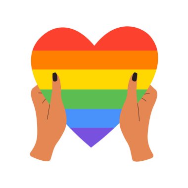 Avuç içlerindeki gökkuşağı kalbinin vektör çizimi, LGBT toplumunun bir sembolü. Homofobiye karşı uluslararası günü kutlama konsepti. Hoşgörü ve dayanışmanın sembolü..