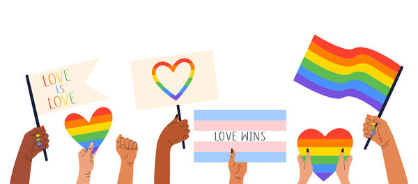 Flat illustration of hands holding banners, flags with LGBT symbols and rainbow hearts.