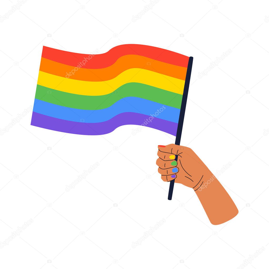 Vector illustration of a hand holding a rainbow flag, a symbol of the LGBT community. The concept of celebrating the International Day against Homophobia. The pride flag isolated on a white background