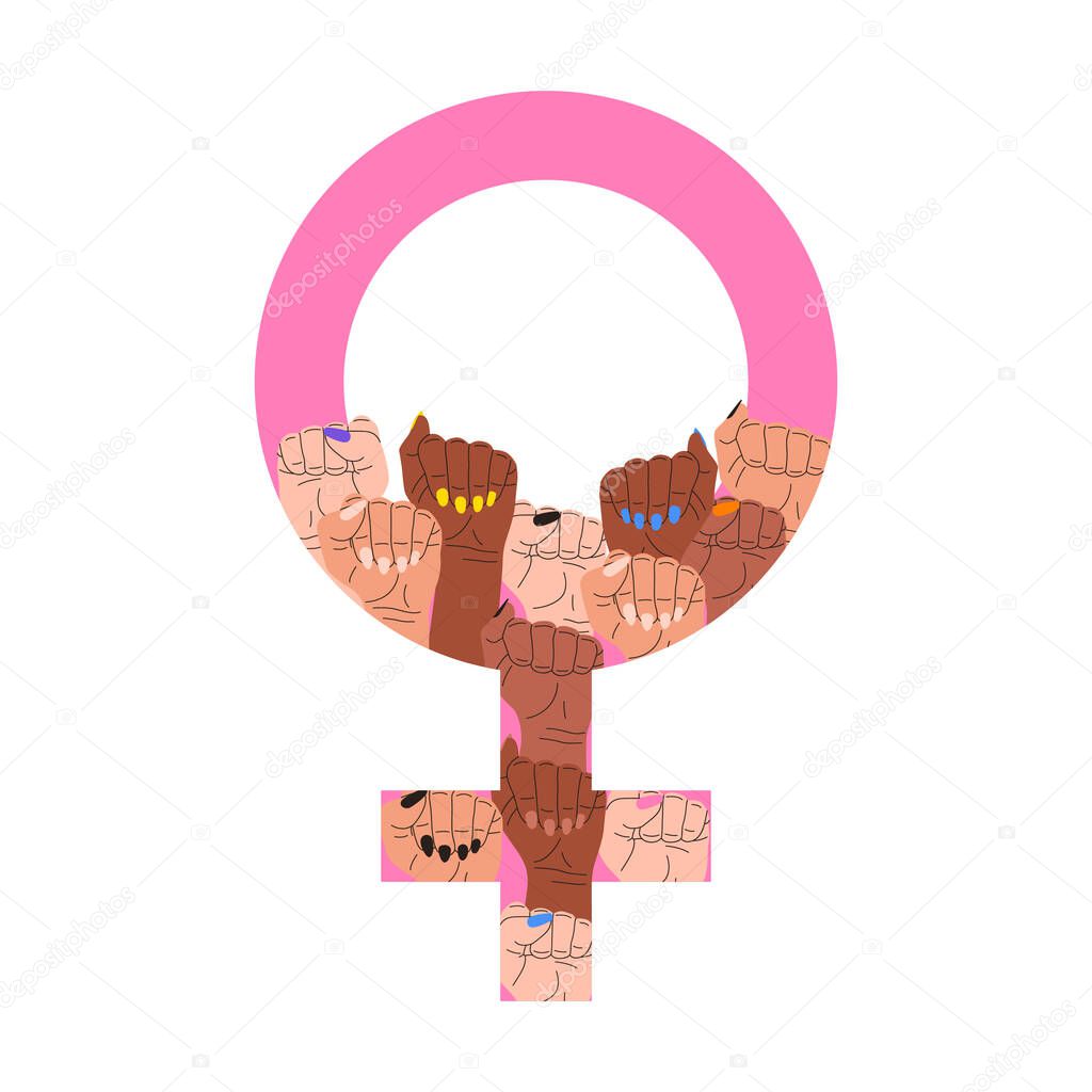 A flat vector cartoon illustration of a set of female fists raised up inside a female symbol. The struggle of feminists for women's rights. The concept of gender equality.