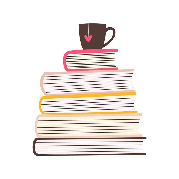 最上部にお茶のカップを持つ本の大規模なスタックのフラットベクトル漫画のイラスト もっと読む本 — ストックベクタ