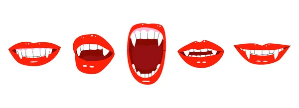 Een Stel Vampiermonden Rode Lippen Met Vampiertanden Vlakke Vector Illustratie — Stockvector
