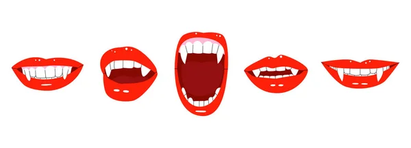 Conjunto Bocas Vampiro Labios Rojos Con Colmillos Vampiro Ilustración Vectorial — Archivo Imágenes Vectoriales