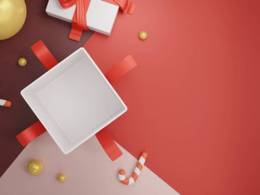 Noel hediyesi arkaplanı. Üst görünüm, uzay alanı olan hediye kutusu. 3B görüntüleme