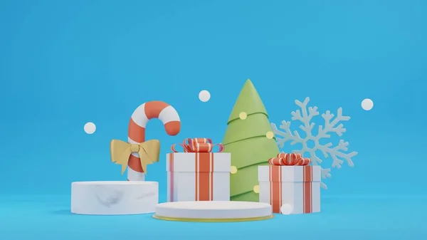 Christmas Podium New Year Day Shopping Giftbox Christmas Tree Rendering — Stock Fotó