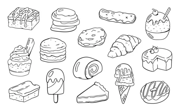 Bir tatlı seti. Doodle Çizim tasarım konsepti. Vektör illüstrasyonu