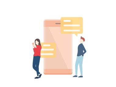 Karakter alışverişi. Çevrimiçi ve mobil alışveriş yapan insanlar. Vektör illüstrasyonu