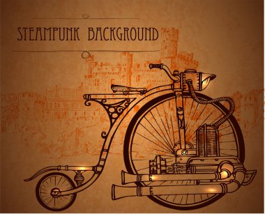 Retro bisikleti. Bisiklet steampunk tarzı. Steampunk tarzı çerçeve steampunk arka plan