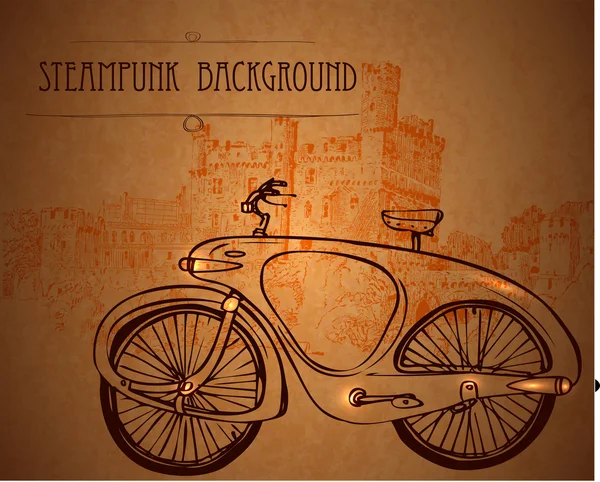 Vélo rétro. Vélo dans le style steampunk. Steampunk style cadre fond steampunk — Image vectorielle