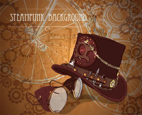 Steampunk steampunk silindir şapka ve pirinç gözlük ile arka plan