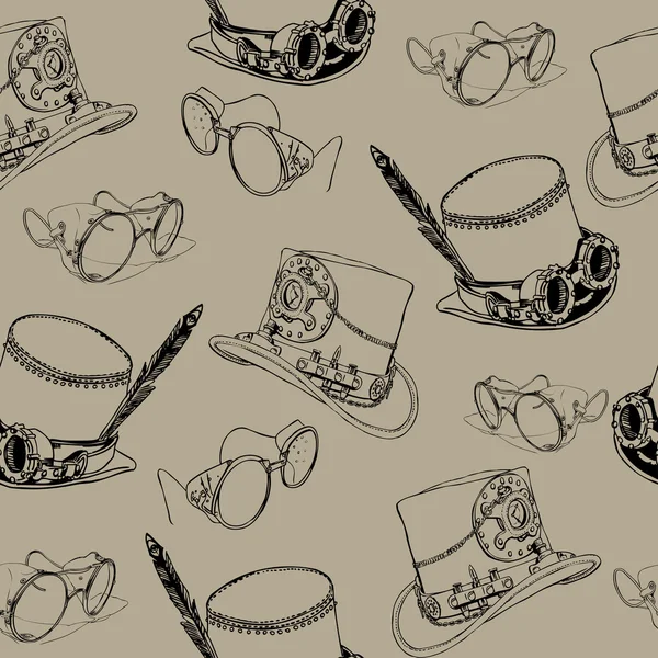 无缝图案蒸汽灌篮与蒸汽灌篮顶部帽子和黄铜护目镜 — 图库矢量图片