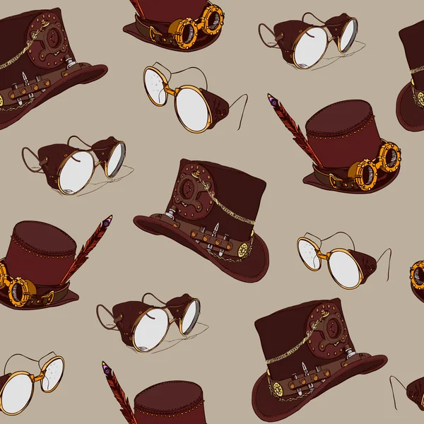 Padrão sem costura steampunk com com chapéu de topo steampunk e óculos de latão —  Vetores de Stock