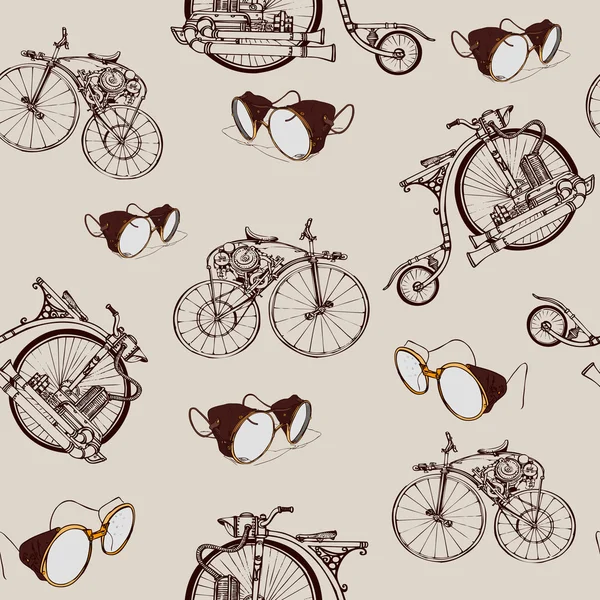 Naadloze patroon steampunk met oude fiets en messing bril — Stockvector