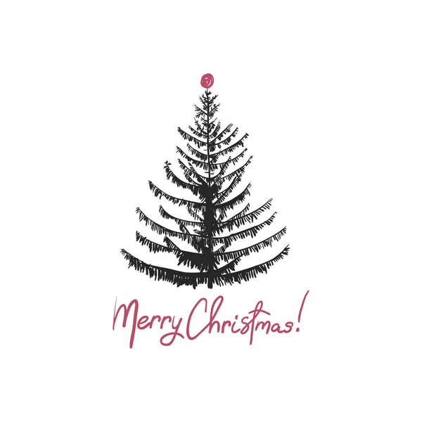 Árbol de Navidad. Diseño de tarjeta con un árbol de Navidad negro dibujado a mano con texto de Feliz Navidad. Minimalismo diseño Feliz Navidad postal - Vector — Vector de stock