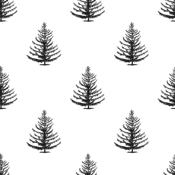 Abeto Árvore Sem Costura Padrão Desenhado Mão Estilo Vintage Ilustração — Vetor de Stock