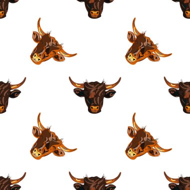 Baş boğa ya da inek eli, beyaz arka planda izole edilmiş, kusursuz bir desen çizmiş. Vektör illüstrasyonu