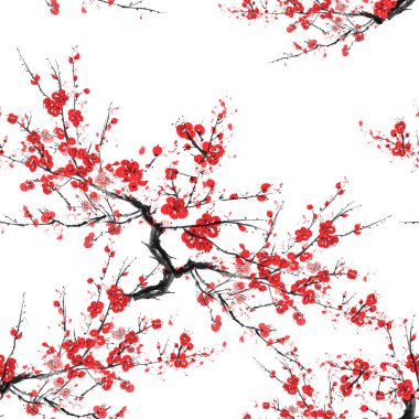Gerçekçi sakura çiçeği - Japon kiraz ağacı dikişsiz deseni beyaz arka planda izole - Vektör illüstrasyonu