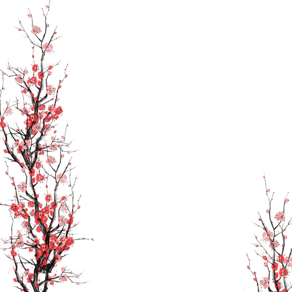 Realistische Sakura Bloesem Japanse Kersenboom Template Blanco Geïsoleerd Witte Achtergrond — Stockvector