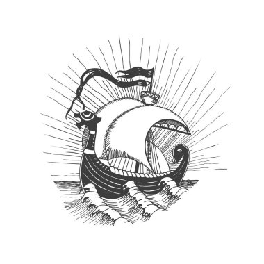 Viking gemisi. Muhteşem bir gemi. Grafik çizimi. Vektör illüstrasyonu