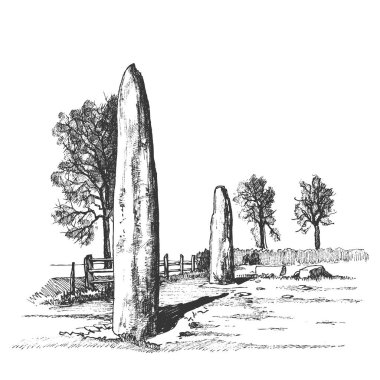 Menhirs, kökeni bilinmeyen dikey taşlar, vektör çizimi. Çizimsel çizim. Megaliteler. Taş Devri.