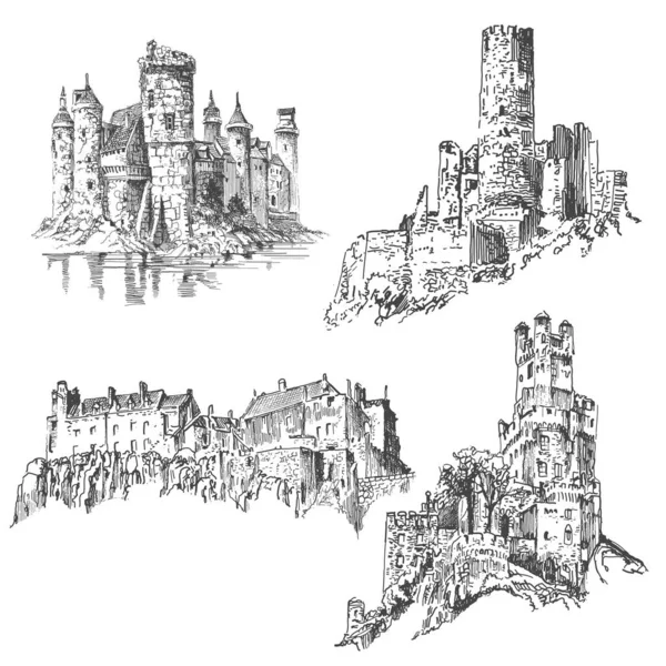 Set Medieval Castle Isolated Cream Background Graphic Drawing Graphic Hand — Stock Vector