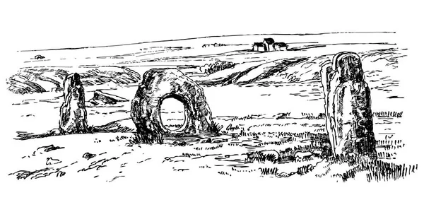 Menhirs, kökeni bilinmeyen dikey taşlar, vektör çizimi. Grafik çizimi. Megalths Taş Devri.