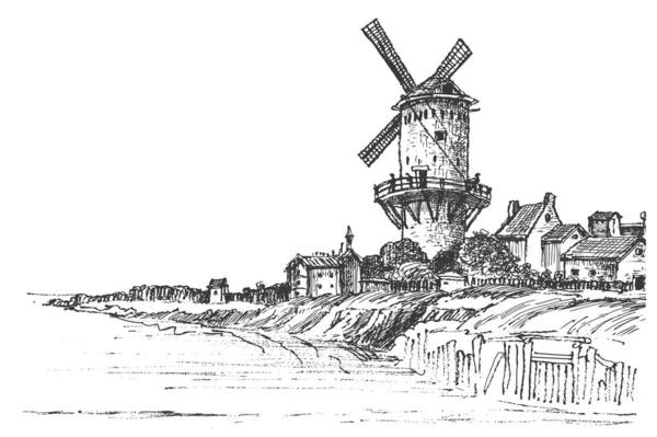 Zet Oude Windmolen Dorpshuis Vectorschetsen Illustratie Van Landelijke Gebouwen Panoramisch — Stockvector