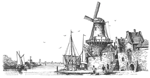 Zet Oude Windmolen Dorpshuis Vectorschetsen Illustratie Van Landelijke Gebouwen Panoramisch — Stockvector