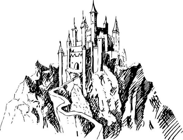 Mittelalterliche Burg Isoliert Auf Weißem Hintergrund Grafische Zeichnung Vektorillustration — Stockvektor