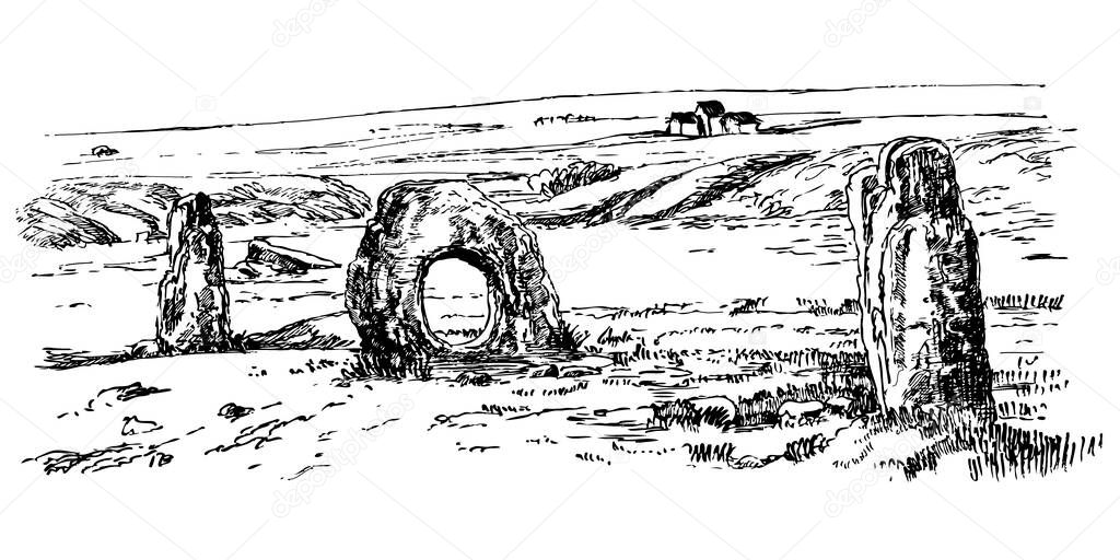 Menhirs, vertical stones of unknown origin, vector illustration. Graphic drawing. Megaliths Stone Age.