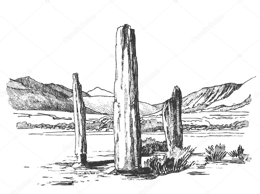 Menhirs, vertical stones of unknown origin, vector illustration. Graphic drawing. Stone Age. Megaliths