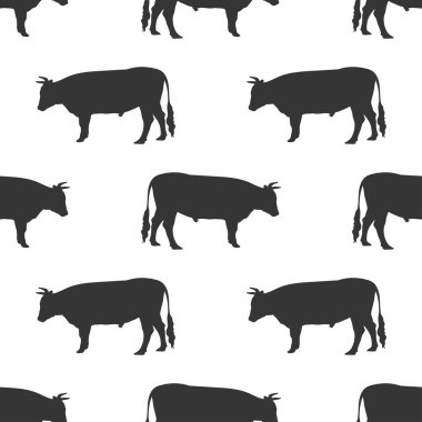 Siyah siluet boğa ya da inek ikonu beyaz arka planda izole edilmiş kusursuz desen. Vektör illüstrasyonu